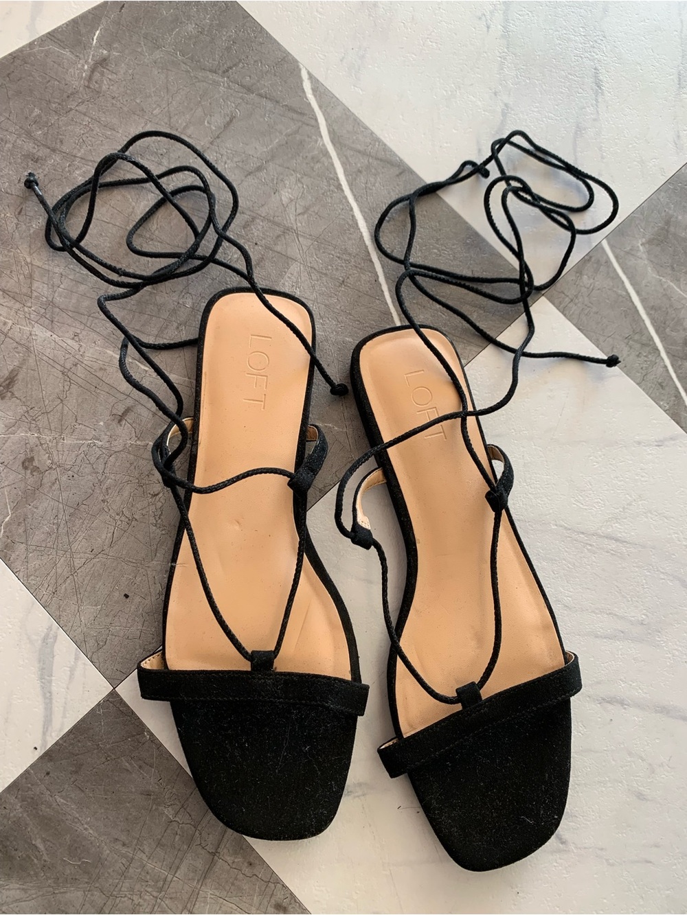 LOFT Black Suede Lace-Up Square-Toe Sandals